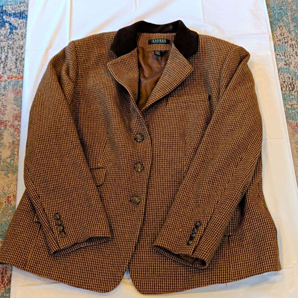 Lauren RL True Vtg Brown/Beige Houndstooth Suede collar wool blend blazer 14W